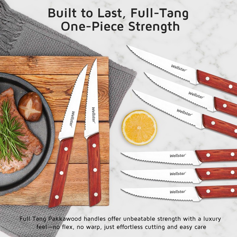 WELLSTAR 8-Piece Steak Knife Set with Wood Block – 4.75"