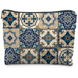 RYYCDOI Vintage Mediterranean Floral Makeup Bag, Classical Moroccan Portuguese Tile Abstract Cosmetic Bags for Women, Boho Mid Century Modern Makeup Zipper Pouch