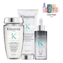 Kit Tratamiento para el Cabello Anti Caspa Kerastase Symbiose Serum Cellulaire Nuit Shampoo Bain Puret y Acondiconador Fondant Apaisant Essentiel     