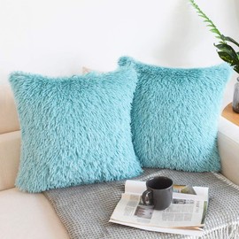 NordECO HOME Pack of 2 Faux Fur Teal Cushion Covers 40x40 cm Luxury Fluffy Decorative Fuzzy Square Throw Pillow Case 16 x 16 for Sofa Decor