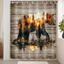 Rustic Bear Shower Curtain Country Wild Animals Forest Plank Background Bath Curtain Set Mountain Woodland Nature Bear Shower Curtain Rustic with 12 Hooks 72 X 72 Inch