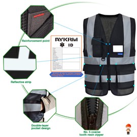 SECURITY Hi Vis Vests with 7 Pockets - Black High Visibility Safety Vest for Men & Women