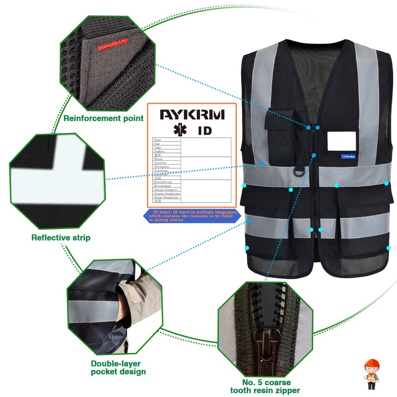 SECURITY Hi Vis Vests with 7 Pockets - Black High