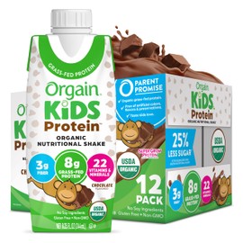 Orgain Organic Kids Nutritional Protein Shake, Chocolate, Healthy Kids Snacks, 8g Dairy Protein, 3g Fiber, 22 Vitamins & Minerals, No Soy Ingredients, Gluten Free, Non-GMO, 8.25 Fl Oz (Pack of 12)