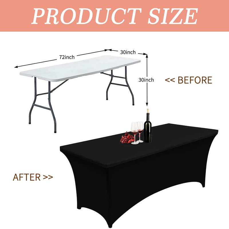 Kapwall 6ft table cloth, Black Spandex Tablecloth Tight, Fitted, Washable