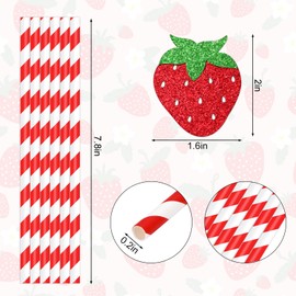 Whaline 36Pcs Strawberry Straws Baby Shower Drinking Straws Red Glitter Strawberry Stripe Disposable Straws for 1st Birthday Baby Shower Party Supplies