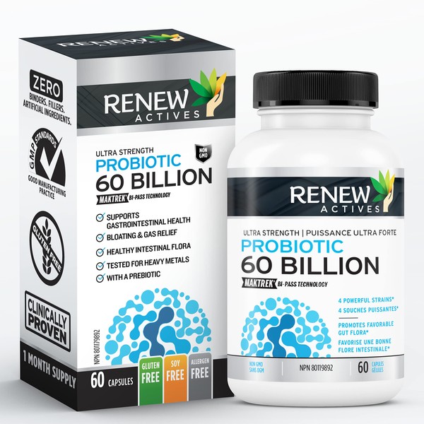 NEW! Renew Actives Probiotics 60 Billion CFU with MAKTREK Bi-Pass Technology, Probiotics Made to Survive Stomach Acid with Advanced Absorption for Digestive Health, Immunity, & 60 Capsules!