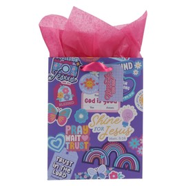 Christian Art Gifts Medium Portrait Gift Bag & Tissue Paper Set for Girls: Shine for Jesus Inspirational Scripture, Multicolor Purple & Pink Shiny Stickered Design, You are Special, Cute Satin Handles