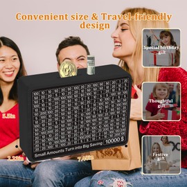 Wooden Money Saving Box Reusable Cash Vault Wooden Money Box with 8 Saving Targets Coin Money Savings Box with Counter No Install Required Gift for Adults Kids Boys Girl Black (Black)