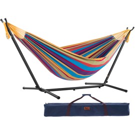 Vivere Double Cotton Hammock with Space Saving Steel Stand, Upgraded Polyester End Strings 450 lb Capacity - Premium Carry Bag Included - USA Grown Cotton (Tropical)