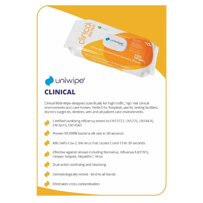Uniwipe Clinical Midi-Wipes Antibacterial Sanitising kills 99.999% of germs (100