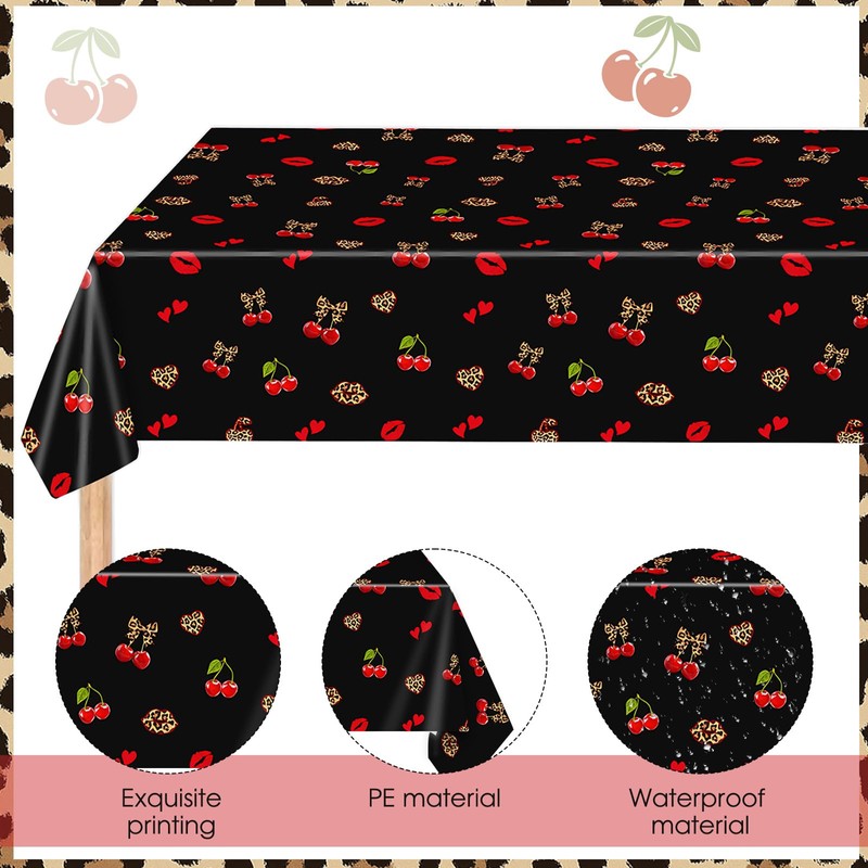3Pcs Cheetah and Cherry Birthday Decorations Tablecloths, Red and Black