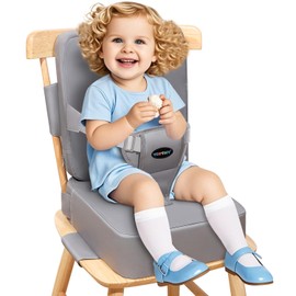 Toddler Booster Seat for Kitchen Chair, Dining Table Booster Seat with Backrest & Adjustable Straps – Easy-Clean, PU Portable Toddler Eating Travel Increasing Cushion-Light Grey