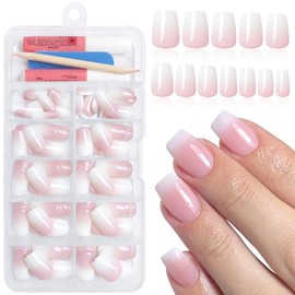 Bellelfin 120Pcs Short Ombre Press on Nails, Coffin Nude Gradient Fake Nails Ballerina Ombre Glue on Nails Full Cover Artificial Acrylic Nails Press on False Nails for Women Girls Fingernails Design
