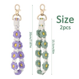 Wisebom 2Pcs Daisy Keyrings, 20cm Flower Wristlet Keychain Exquisite Handmade Braided Keychain Crochet Boho Keychain for Women Cute Wristlet Keychain Strap Handmade Macrame Keychain for Key and Wallet
