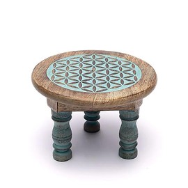 LivuX Altar Table Flower of Life Round - Blue Print - 15 x 15 x 10 cm - Solid Mango Wood - Spiritual Table for Rituals, Crystals, God Figures - Natural Product 1304