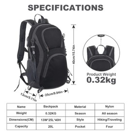 jianyana Backpack 20L Hiking Backpack Daypacks Waterproof Foldable Rucksack Lightweight Durable Travel for Camping Walking Cycling Outdoor Sports for Women Men