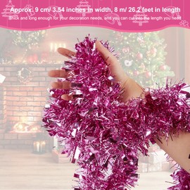 Christmas Tinsel Twist Garland - Metallic Glitter Tree Hanging Decorations for Indoor and Outdoor Ornament (Pink)