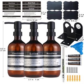 SOOKDEO Dispenser Bottle Bathroom Kitchen Refillable Shampoo Conditioner Hand Washing-Up Lotion Oil Shower Soap Bottles with Pump and Waterproof Labels, 500 ml, Pack of 3 (Amber, with Wall Mounts)