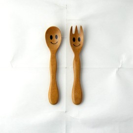 Nagao Children's Spoon and Fork Set, 5.5 inches (14 cm), Nico Nico Thao Wood, Wooden