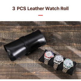 Hiram Genuine Leather Travel Watch Case Roll Organizer Classic, Leather 3-Watches Roll Case for Watches and Bracelets-Black