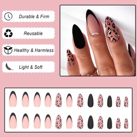 Almond False Nails Short, 24Pcs Pure Colors French Fake Nails Leopard Print Pattern, Glossy Press on Nails with Nails Glue Stickers, Stiletto Acrylic Stick on Nails for Women and Girls