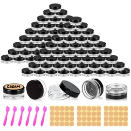 100 pcs 3g Round Clear Sample Containers Plastic Mini Sample Jars with Lids for Creams, Powders, Glitters, 3ml Lip Balm Containers with Spatulas Labels