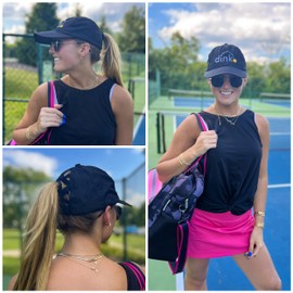 Funky Junque Criss Cross Hat - Gorra de béisbol para mujer, con cola de caballo desgastada, moño desordenado, Corte láser: Dink (negro), Talla única(H-216-8036-DINK06-FJ)