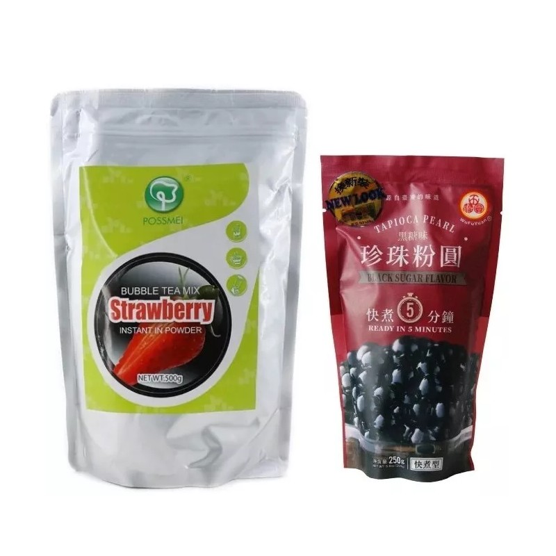 POSSMEI Bubble tea mix Strawberry Instant powder 500gW/ Black Bubble