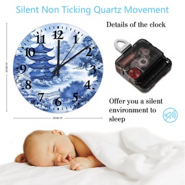 Silent Wall Clock Battery Operated Non Ticking Analog Chinoiserie Asian Pagoda White Blue Porcelain Modern Wall Clocks Chinoiserie Toile Oriental Floral Wall Decor for Study Room School Church 10 inch