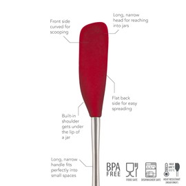 Tovolo Flex-Core Long-Handled Silicone Jar Scraper Spatula, Stainless Steel Handle, Heat-Resistant Silicone Head With Curved Front for Scooping & Scraping, Dishwasher-Safe & BPA-Free, Cayenne