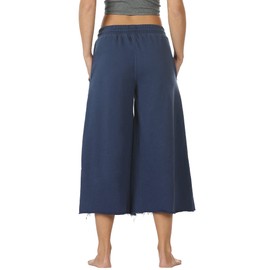 icyzone Culottes Capri Pants for Women - Elastic Waist Wide Leg Joggers Casual Lounge Cotton Sweatpants with Pockets (S, Navy)