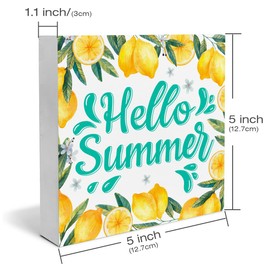Lemon Decor Hello Summer Wood Block Sign Summer Decorations for Home Kitchen 5 x 5 Inches