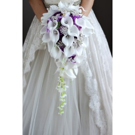 IFFO New Bridal Bouquet, Wedding Flowers, Calla Lilies, Artificial Flowers, Waterfalls, Water Drop Style, Collection Decorations (Purple)