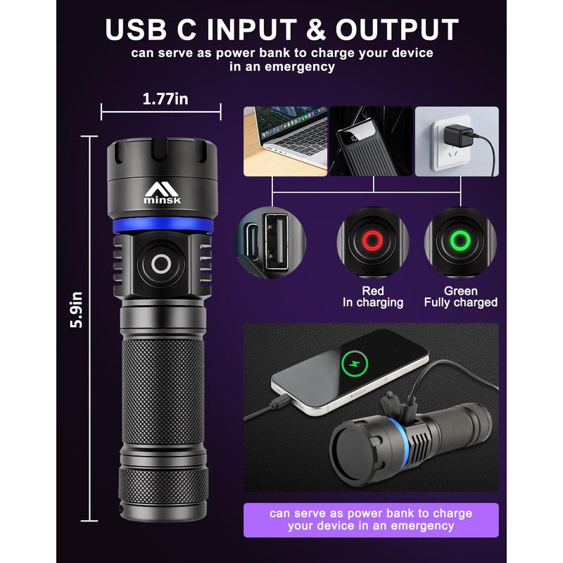 Minsk Black Light 60W, Flashlights High Lumen, USB C Rechargeable,