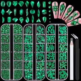 2750Pcs Emerald Green Glass Nail Rhinestones 240Pcs Multi Shapes Flatback Nail Gems + 2510Pcs 1.5-4mm Round Crystal, Manicure Nail Charms Diamond Gemstone for Acrylic Nails Decoration