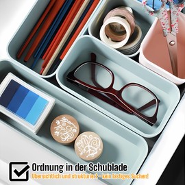 1x Drawer Organiser Set Storage Box, One-Piece Divider System, Adjustable, Utensils Storage Space, Bathroom, Plastic, Light Grey