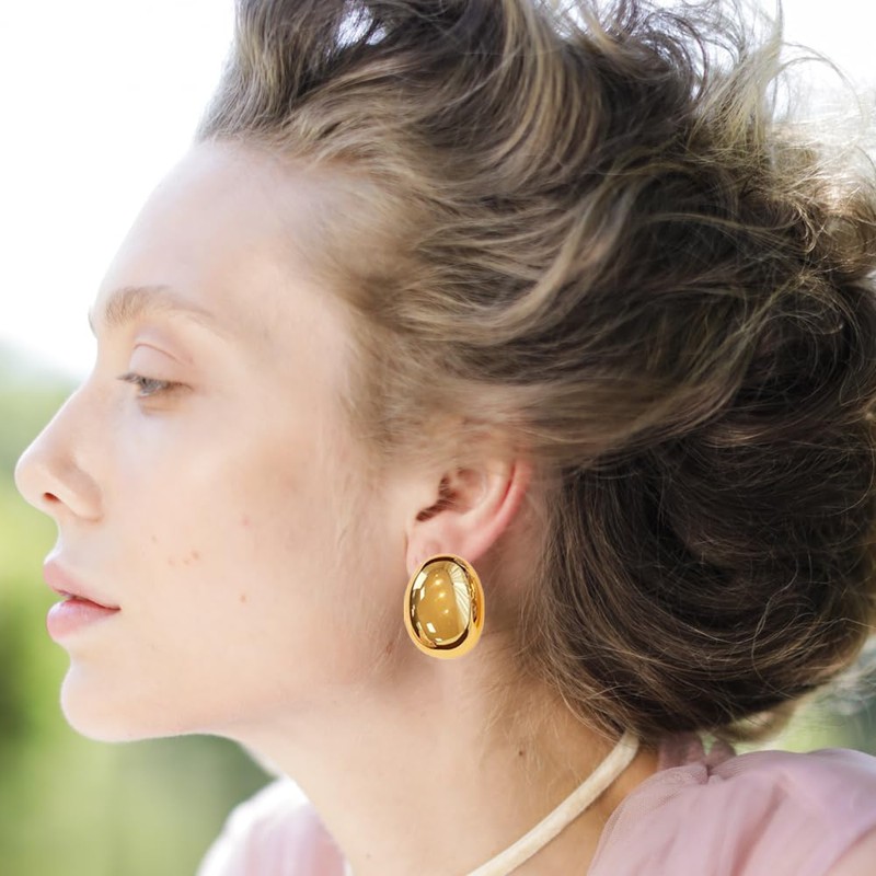 Gold Silver Ellipse Teardrop Stud Earrings Chunky Smooth Surface Egg