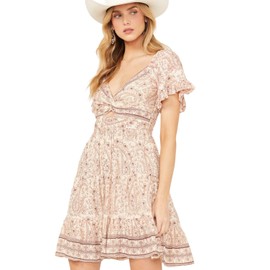 Angie Women's Tiered Skirt Short Sleeve Dress, Ivory