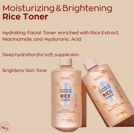 SOQU Moisturizing and Brightening Rice Toner - Enriched with Rice Extract, Niacinamide, and Hyaluronic Acid - 500ml / 16.9fl oz - Made in Korea