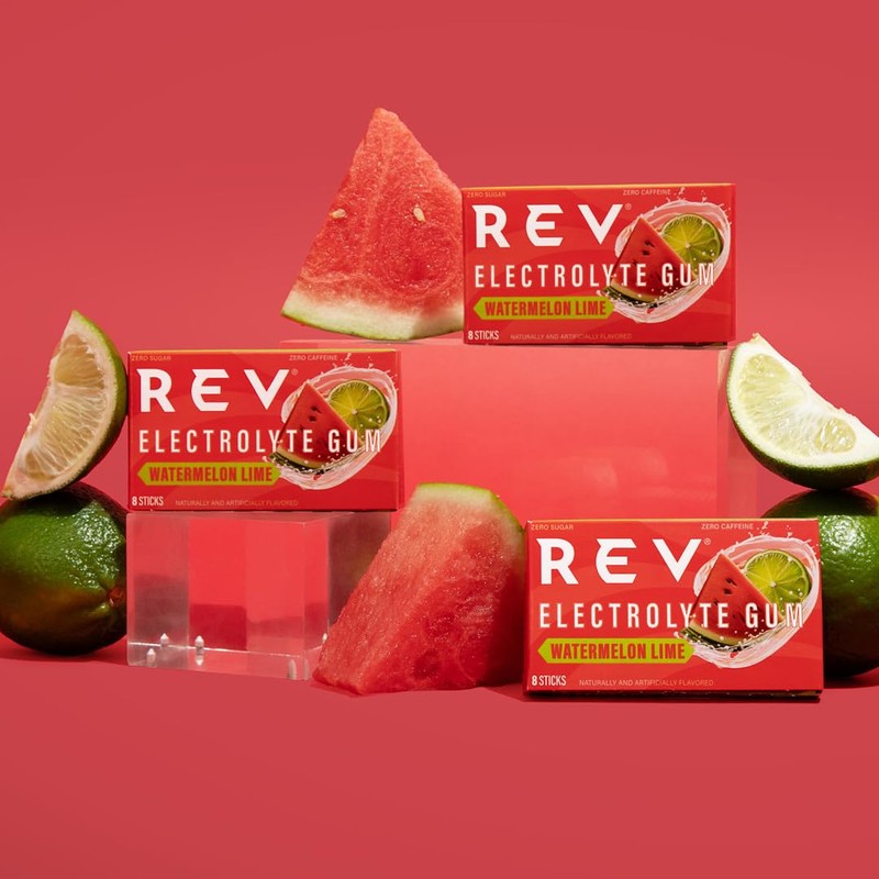 Rev Electrolyte Gum, Watermelon Lime, Sugar-Free with Essential Electrolytes,12 Count