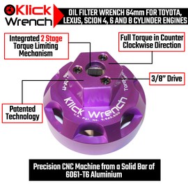 Klick Wrench 64mm 2 Stage Heavy Duty Torque Limiting Oil Filter Wrench Purple 6061-T6 Billet Aluminum
