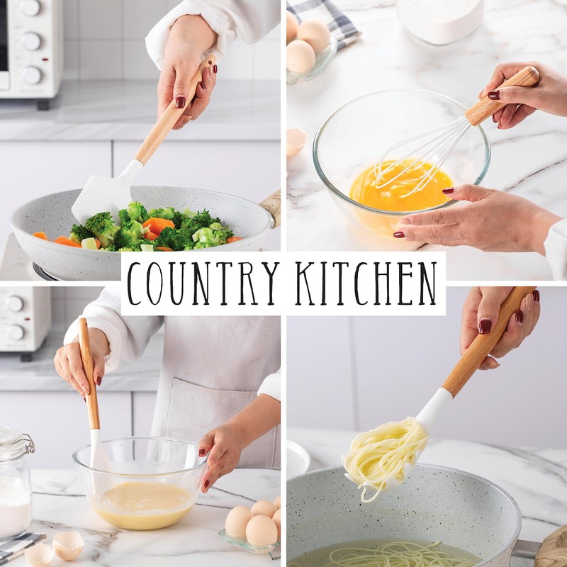 Country Kitchen Non Stick Silicone Utensil Set with Rounded Wood