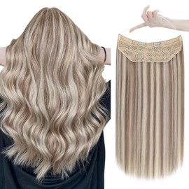 Easyouth Blonde Wire Hair Extensions Real Human Hair Invisible Fish Wire Hair Extensions Ash Brown Mix Platinum Blonde Fish Line Hair Extensions Human Hair 14inch 70g