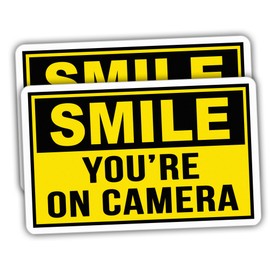 (2pcs) Security Stickers Warning Stickers Funny Smile You're On Camera Yellow Stickers Vinyl Size 3.75x2.35in