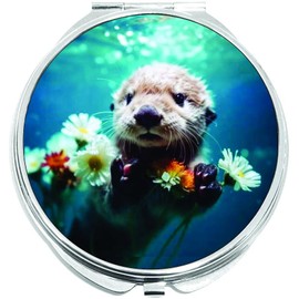NewCharms Cute Otter Flowers Compact with Mirrors - Perfect Pocket and Purse Size Folding Mirror for Applying Make Up Anywhere