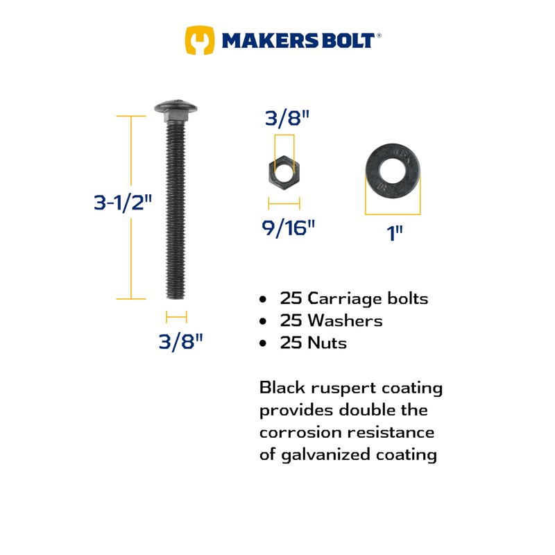 3/8" x 3-1/2" (25 Pack) Black Carriage Bolt Kit, Grade