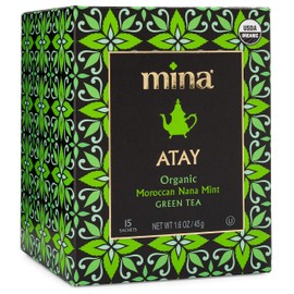 Mina Atay Moroccan Nana Mint Organic Green Tea, 15 Biodegradable Sachets - Refreshing Moroccan Mint Green Tea Bags, Moroccan Mint Tea Bags, Low in Caffeine