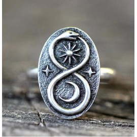 HUKQBUNX 925 Sterling Silver Snake Ring Sun Moon Star Ring Vintage Sun Moon Star River Totem Sign Unique Holy Snake Ring Size 6-10 (Size 9)