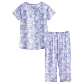 CHUNG Women Cotton Pajamas Set Short Sleeve Top Capri Pants Sleepwear Plus Size,Cloud Cat,XL